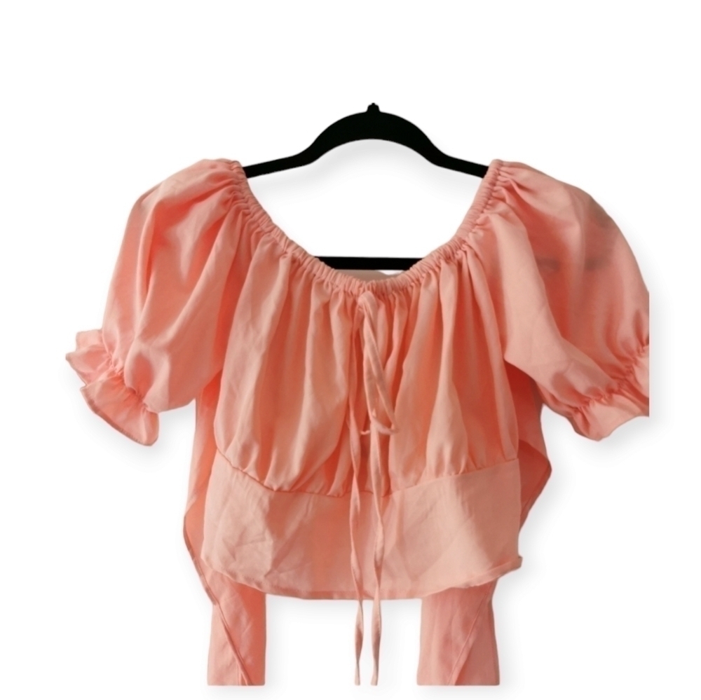 3/ $20  Crop Top Peach Puff Sleeves And Wrap Closure